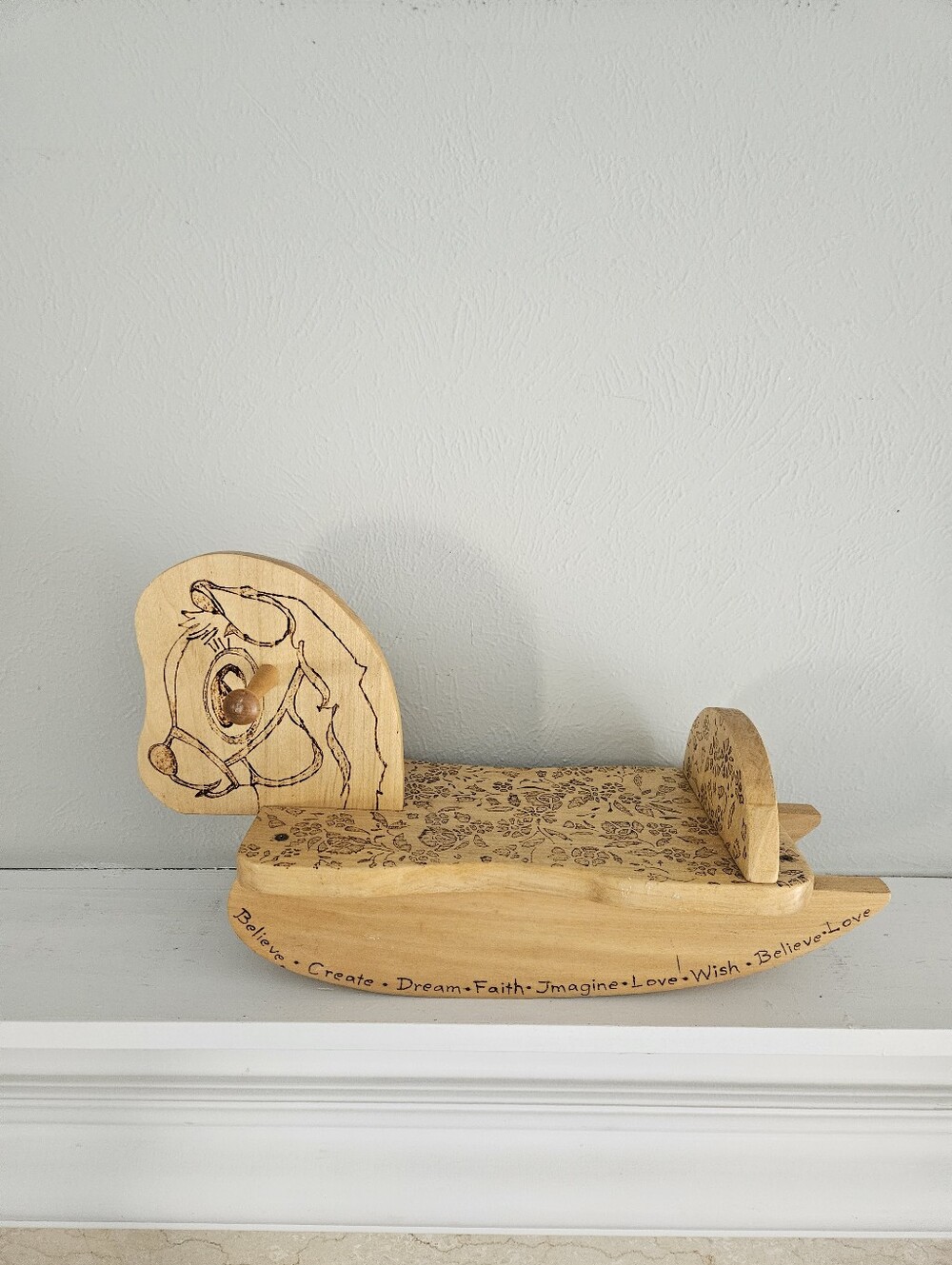 Vintage Spotty Wooden Rocking Horse With Pyrography Design